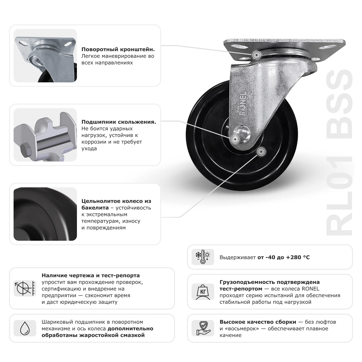 Колесо термостойкое поворотное RONEL RL01 BSS 80 - 3